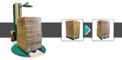 Pallet wrapping machine with wrapped pallet loads