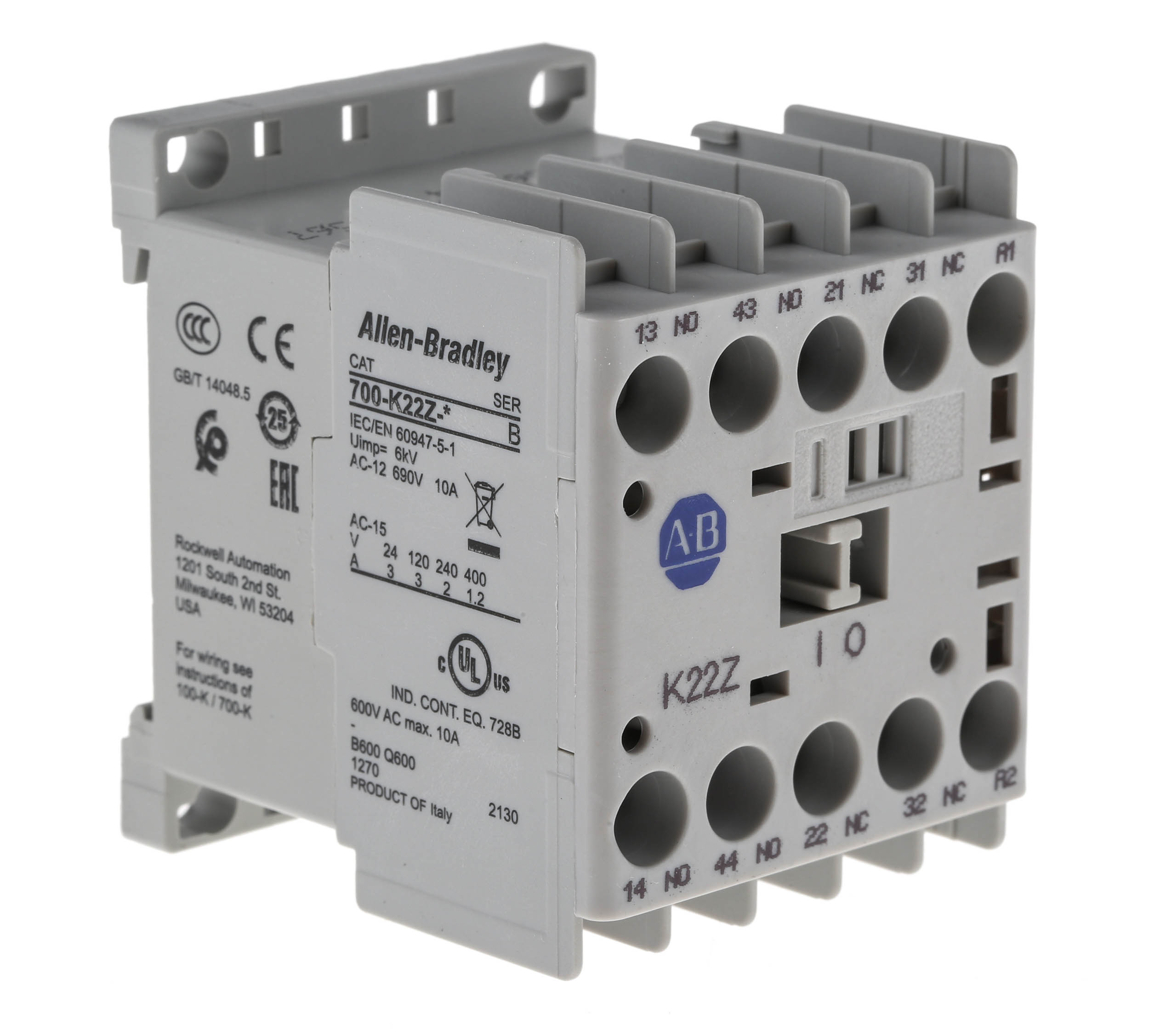 Allen Bradley 700 Series 700K Contactor, 24 V dc Coil, 4-Pole, 10 A, 2NC + 2NO, 690 V ac | 700-K22Z-DJ