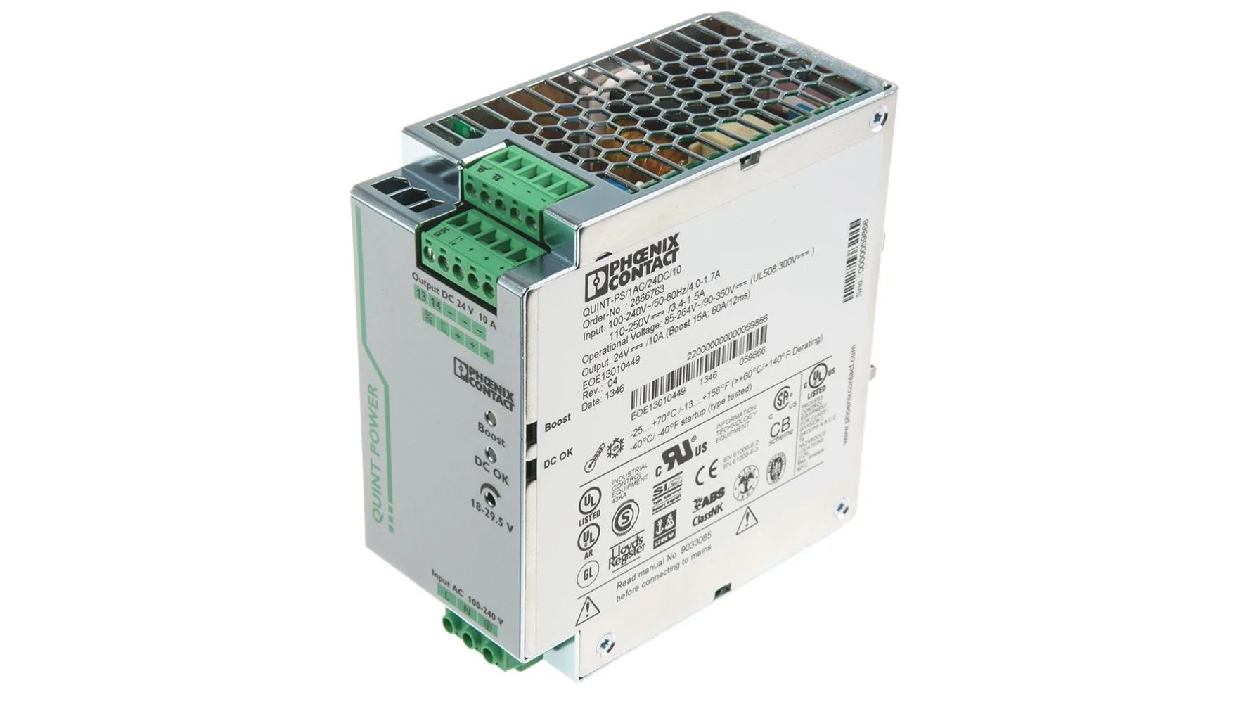 Phoenix Contact QUINT POWER Switched Mode DIN Rail Power Supply, 85 → 264V ac ac Input, 24V dc dc Output, 10A | 2866763