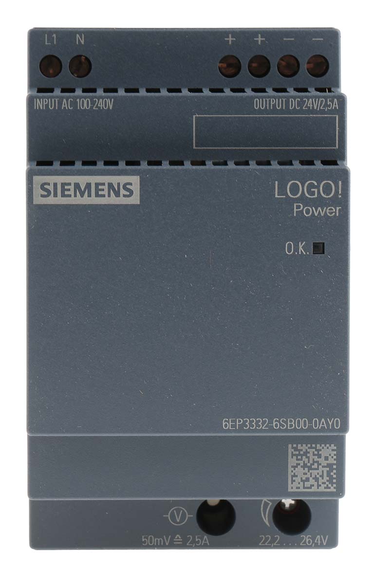 Siemens LOGO POWER Switched Mode DIN Rail Power Supply, 100 → 240V ac ac Input, 24V dc dc Output, 2.5A Output, | 6EP3332-6SB00-0AY0