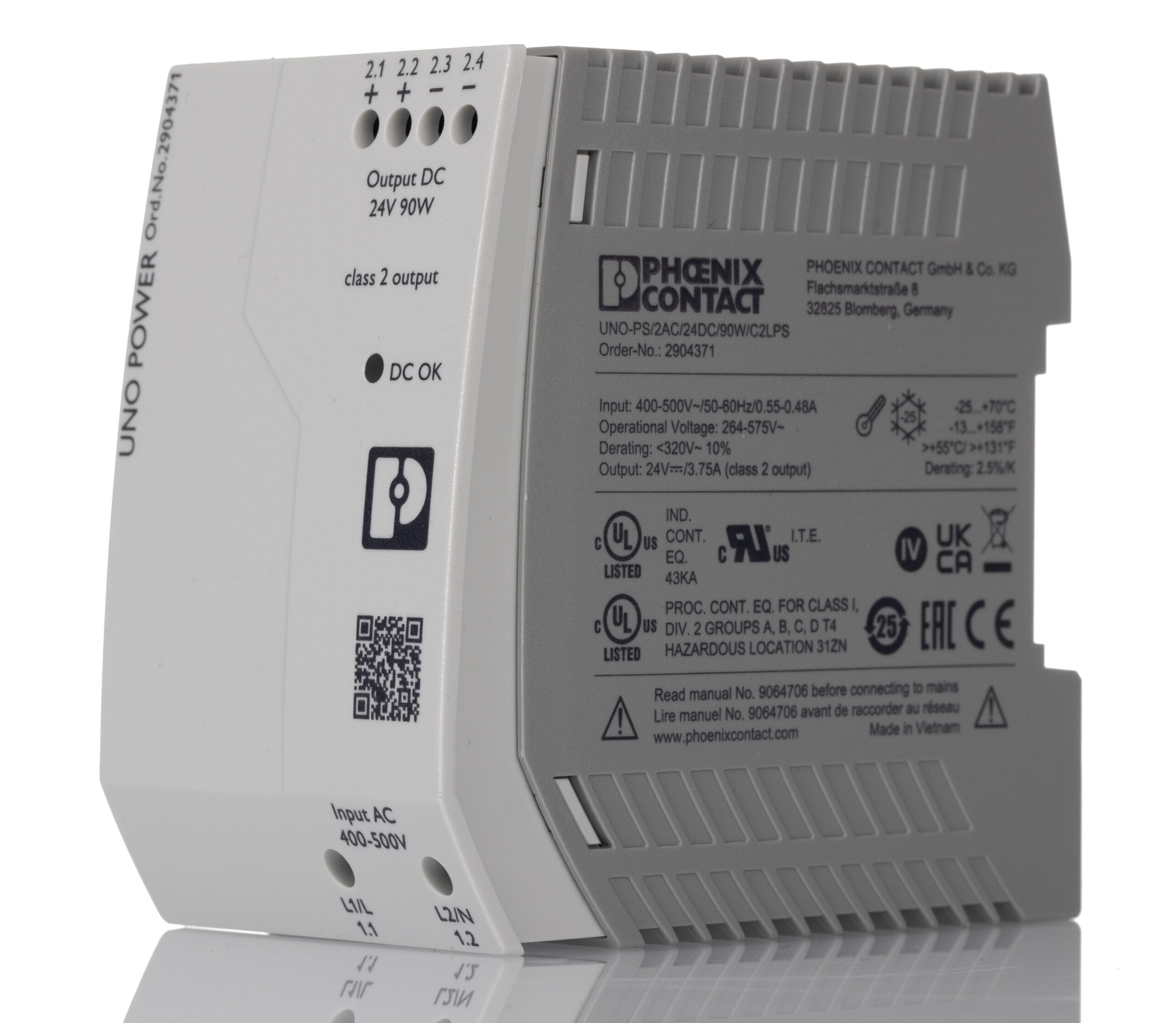 Phoenix Contact UNO POWER Switched Mode DIN Rail Power Supply, 575V ac ac Input, 24V dc dc Output, 3.75A Output, 90W | 2904371