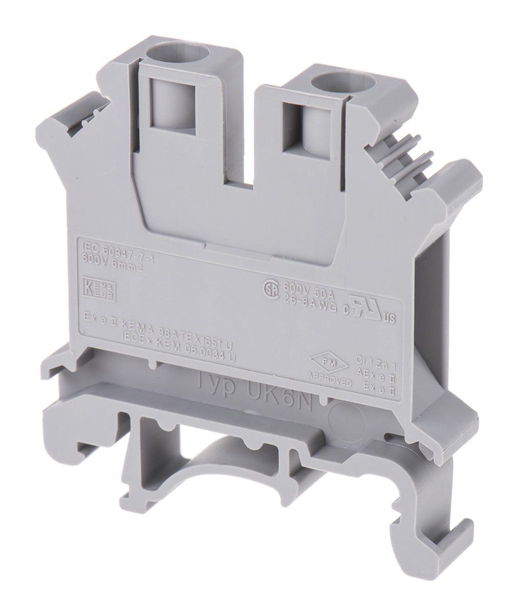 Phoenix Contact 3004524 UK 6 N Series Grey, 0.2 → 6mm², Single-Level, Screw Termination, ATEX | 3004524