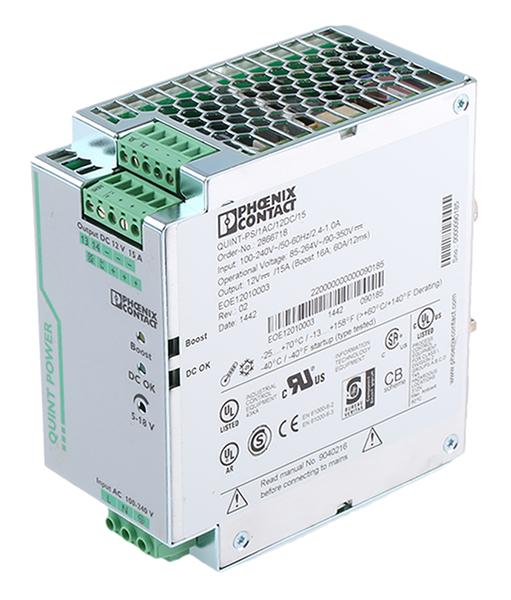 Phoenix Contact QUINT POWER Switched Mode DIN Rail Power Supply, 85 → 264V ac ac Input, 12V dc dc Output, 15A | 2866718