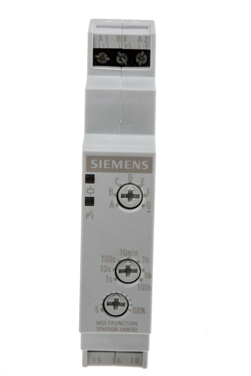 Siemens DIN Rail Mount Timer Relay, 240V, 1-Contact, 0.05 → 100 s, 3 → 100 min, 5 → 100h, SPDT | 7PV1508-1AW30