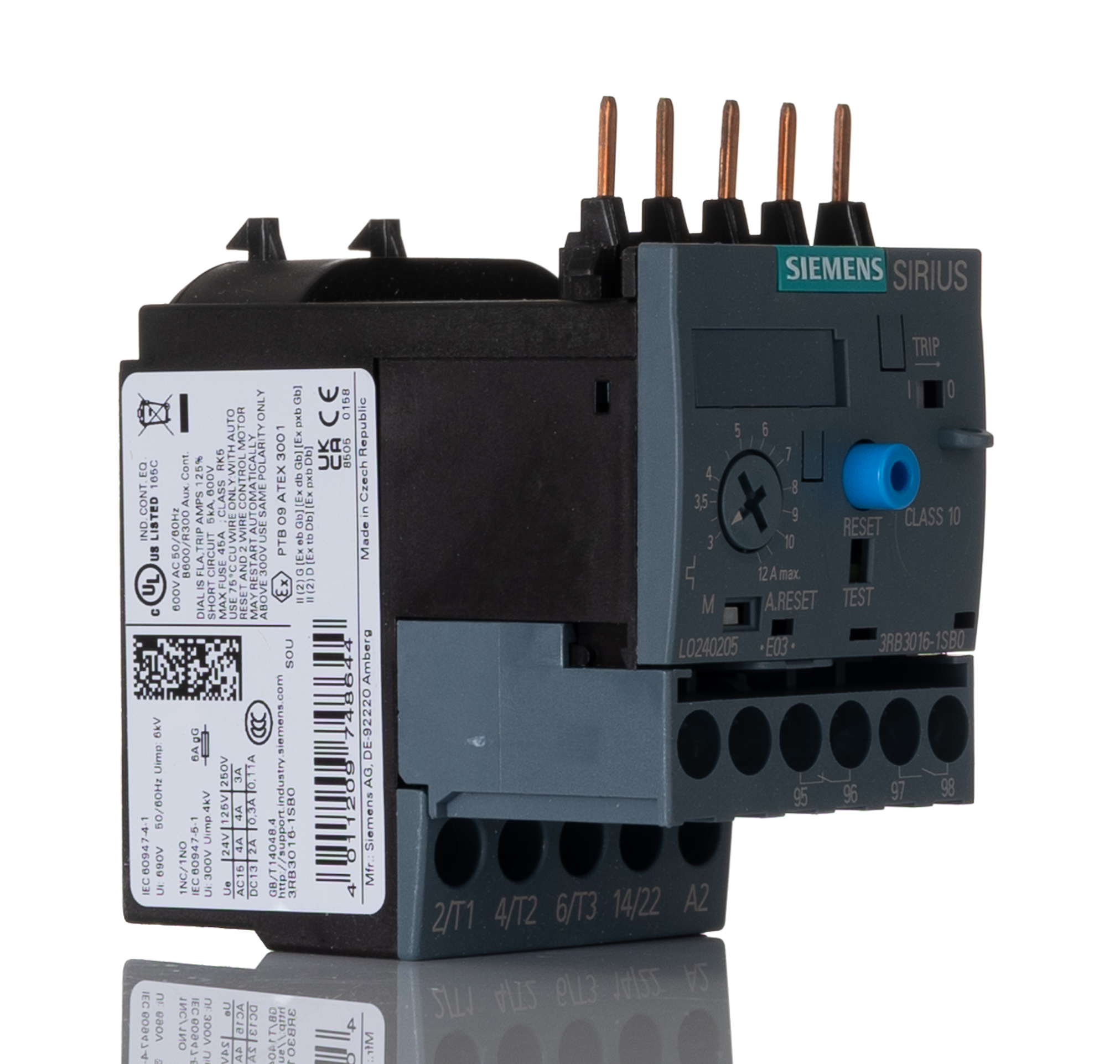 Siemens 3RB Overload Relay 1NO + 1NC, 3 → 12 A F.L.C, 12 A Contact Rating, 5.5 kW, 3P, SIRIUS | 3RB3016-1SB0