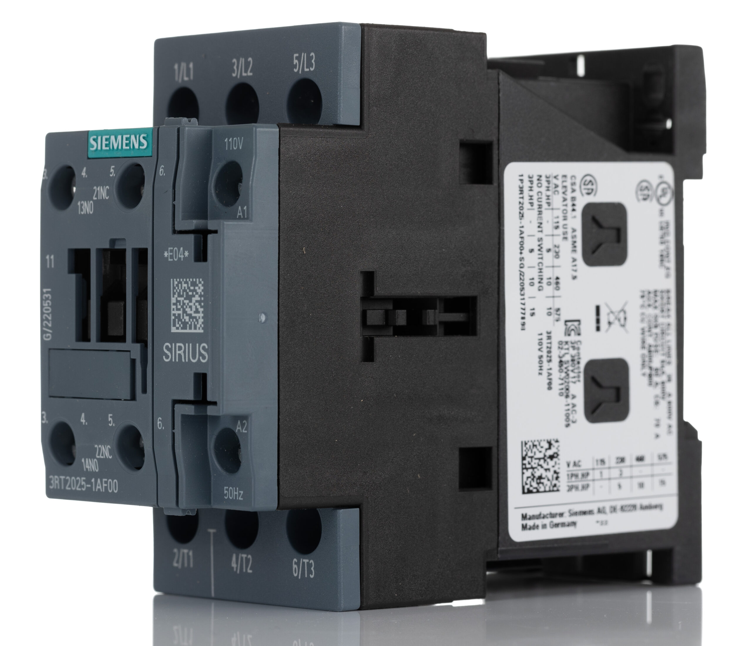 Siemens SIRIUS 3RT Size S0, 3RT2 Contactor, 110 V ac Coil, 3-Pole, 16 A, 7.5 kW, 3NO, 400 V ac | 3RT2025-1AF00