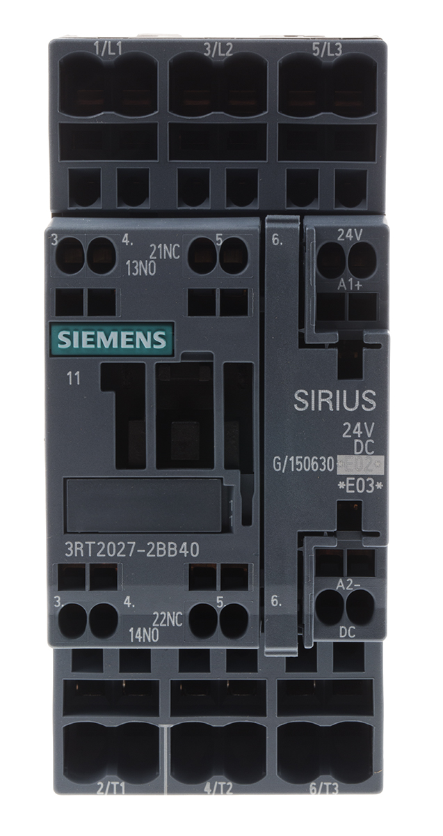 Siemens SIRIUS 3RT Size S0, 3RT2 Contactor, 24 V dc Coil, 3-Pole, 32 A, 15 kW, 3NO, 400 V ac | 3RT2027-2BB40