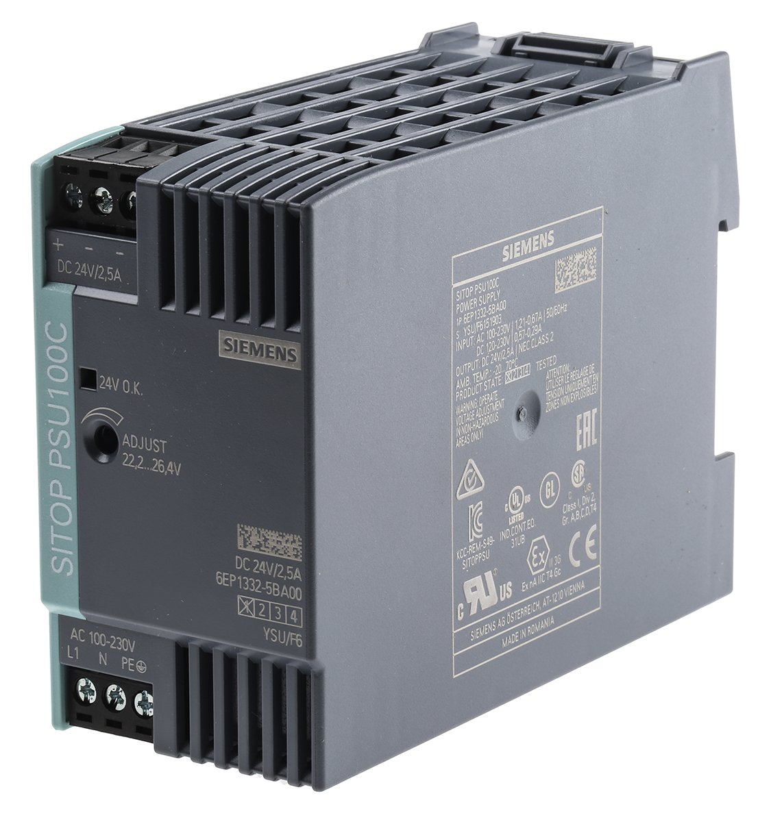 Siemens SITOP PSU100C Switched Mode DIN Rail Power Supply, 100 → 230 V ac / 110 → 300V dc ac, dc Input, | 6EP1332-5BA00