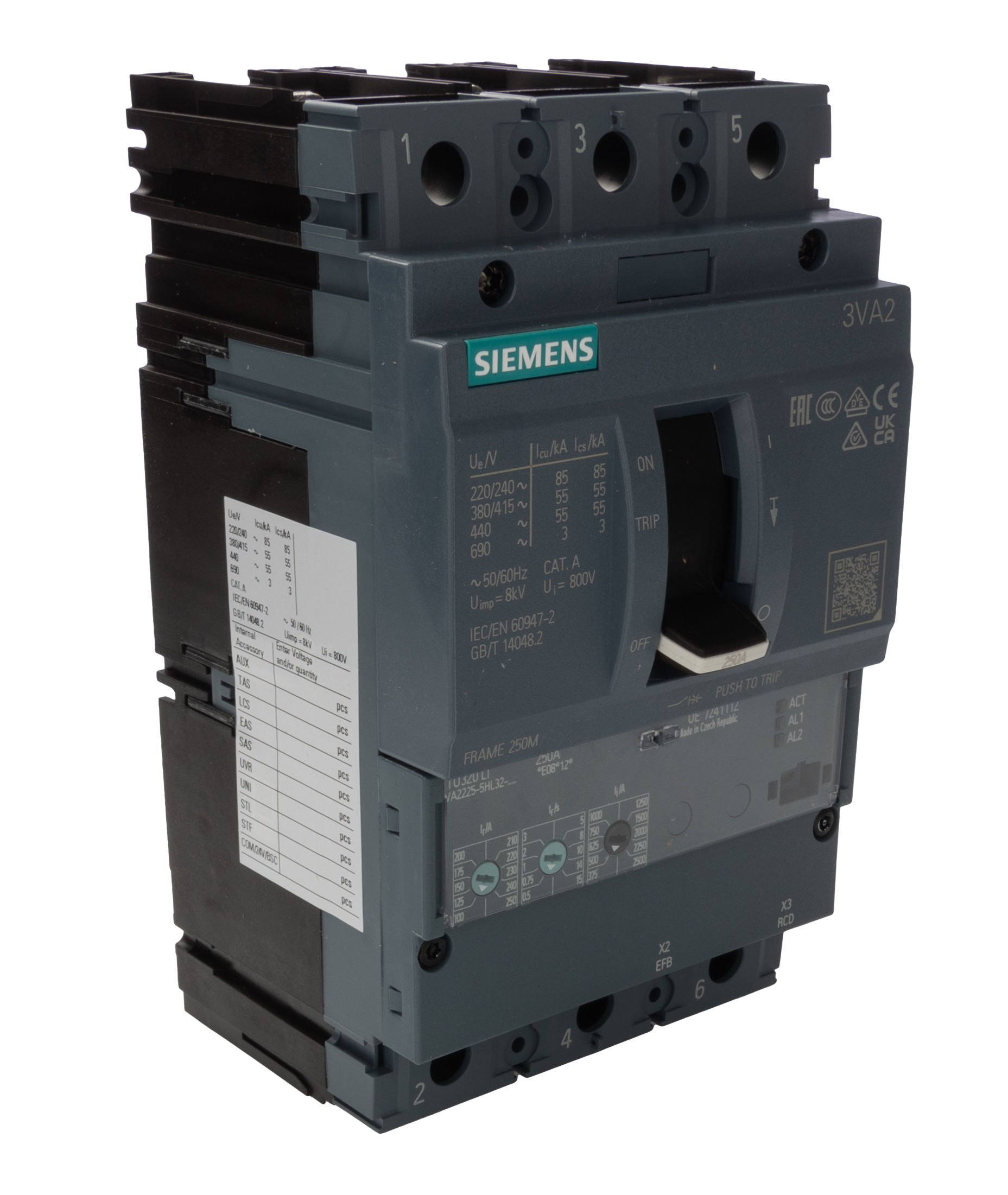 Siemens, SENTRON MCCB 3P 250A, Breaking Capacity 55 kA, Fixed Mount | 3VA2225-5HL32-0AA0
