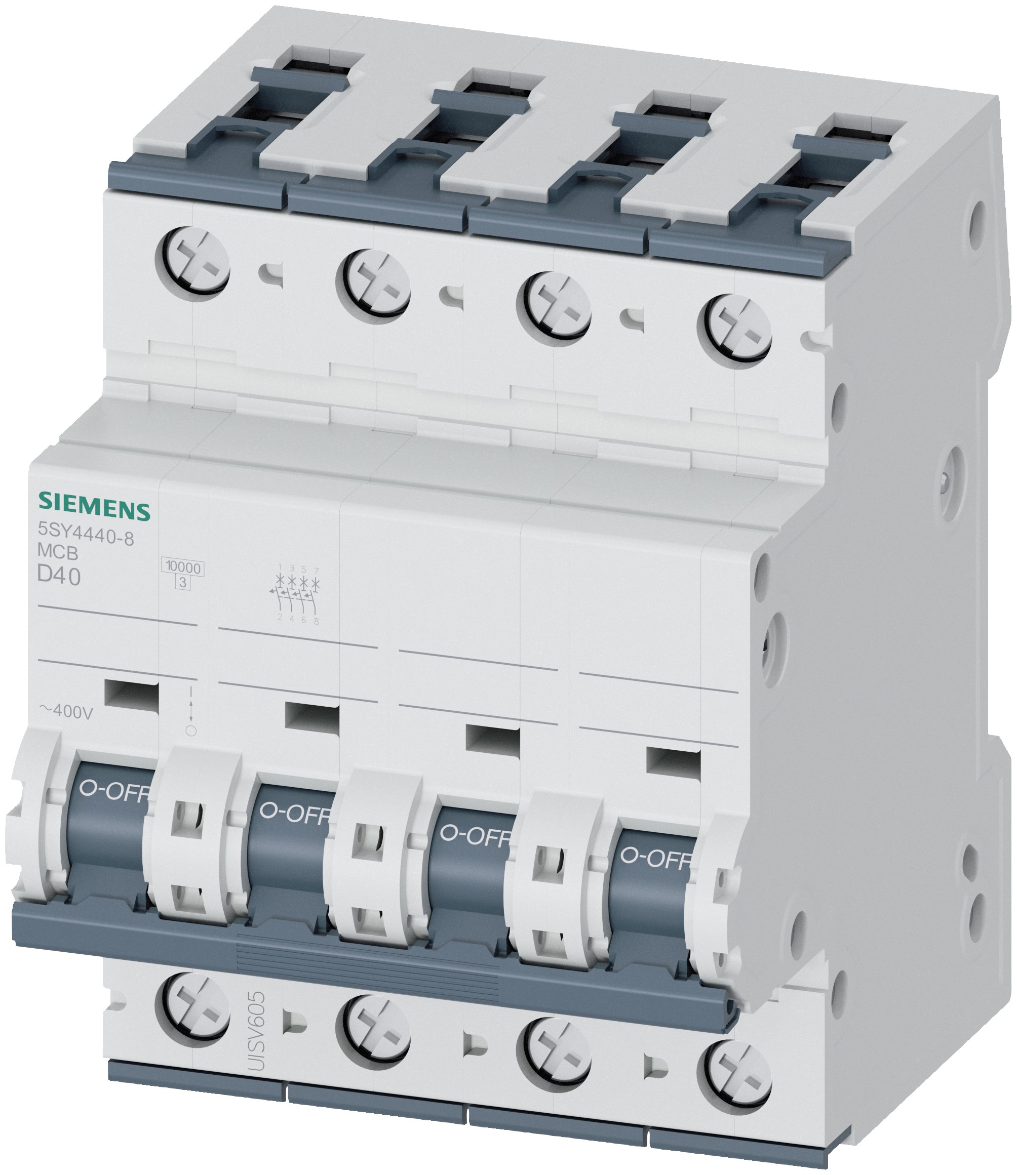 Siemens Sentron 5SY4 MCB, 4P, 40A Curve D, 400V AC, 10 kA Breaking Capacity | 5SY4440-8