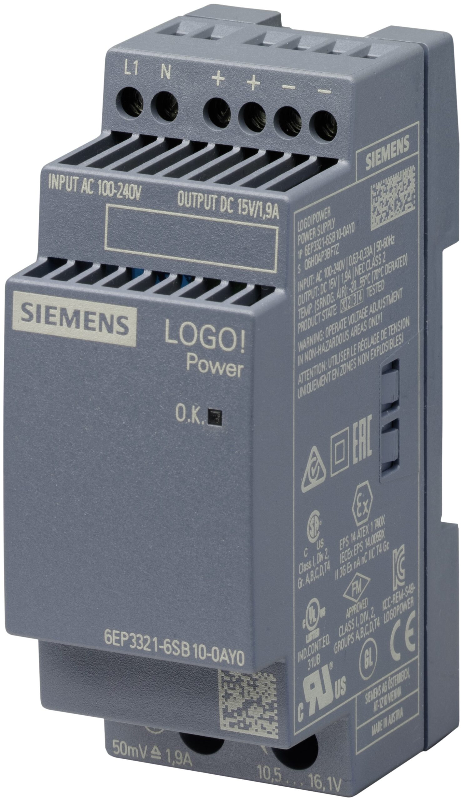 Siemens LOGO POWER Switched Mode DIN Rail Power Supply, 230V ac, 15V dc dc Output, 1.9A Output, 28.5W | 6EP3321-6SB10-0AY0