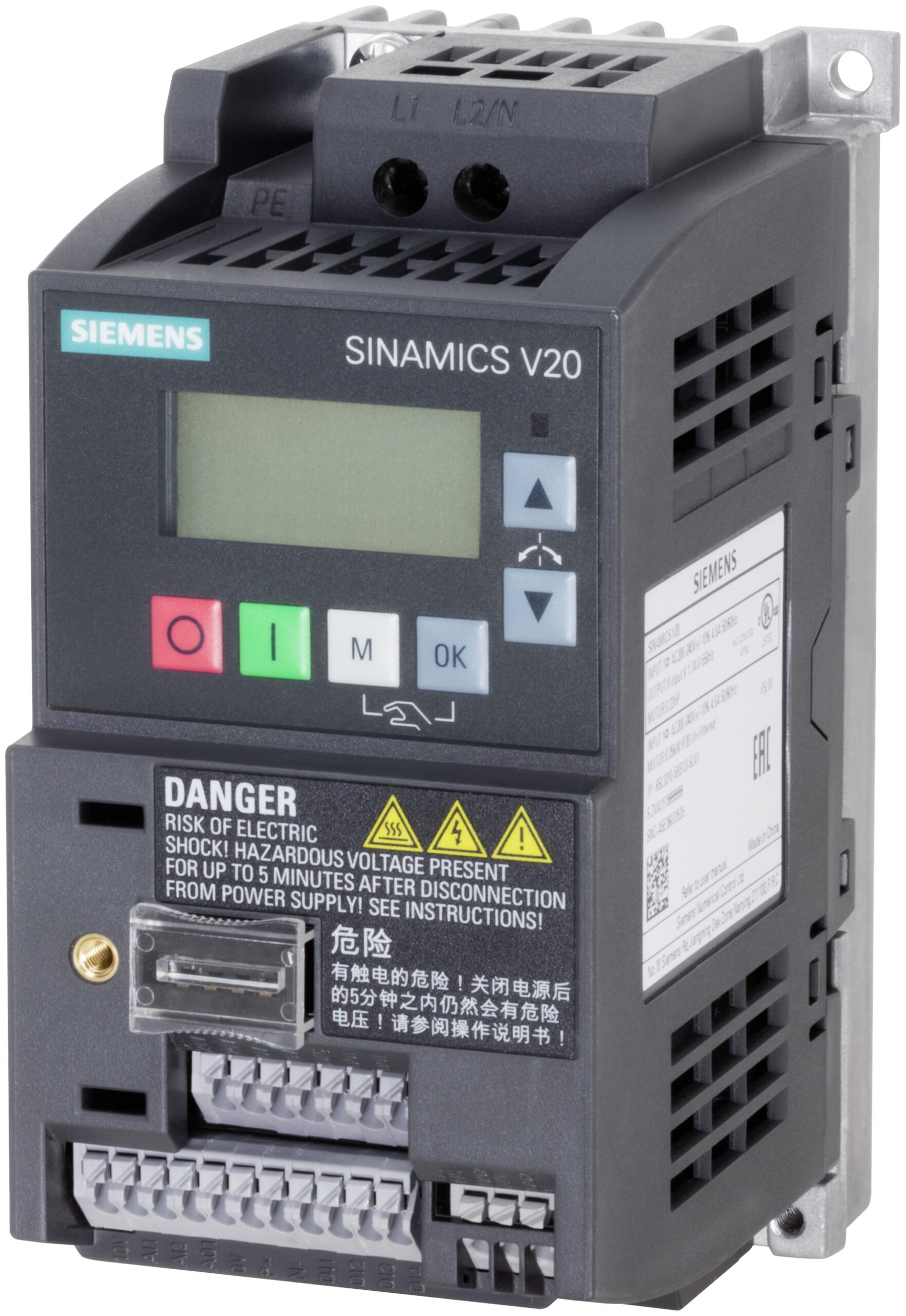 Siemens Inverter Drive, 0.12 kW, 1 Phase, 240 V ac, 900 mA, SINAMICS V20 Series | 6SL3210-5BB11-2UV1