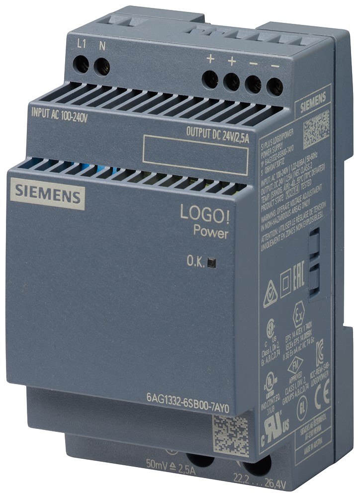 Siemens SIPLUS LOGO Switched Mode DIN Rail Power Supply, 120V ac ac Input, 24V dc dc Output, 2.5A Output, 60W | 6AG13326SB007AY0