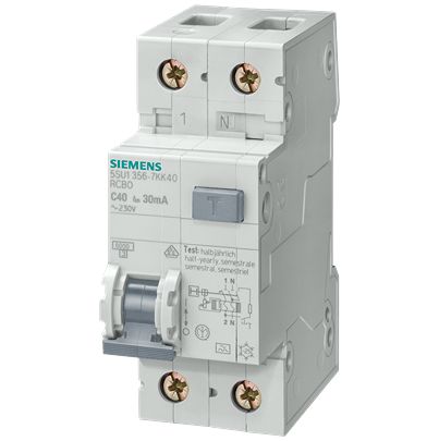 Siemens RCBO, 6A Current Rating, 2P Poles, 30mA Trip Sensitivity, Type C, SENTRON Range | 5SU1356-7GV06