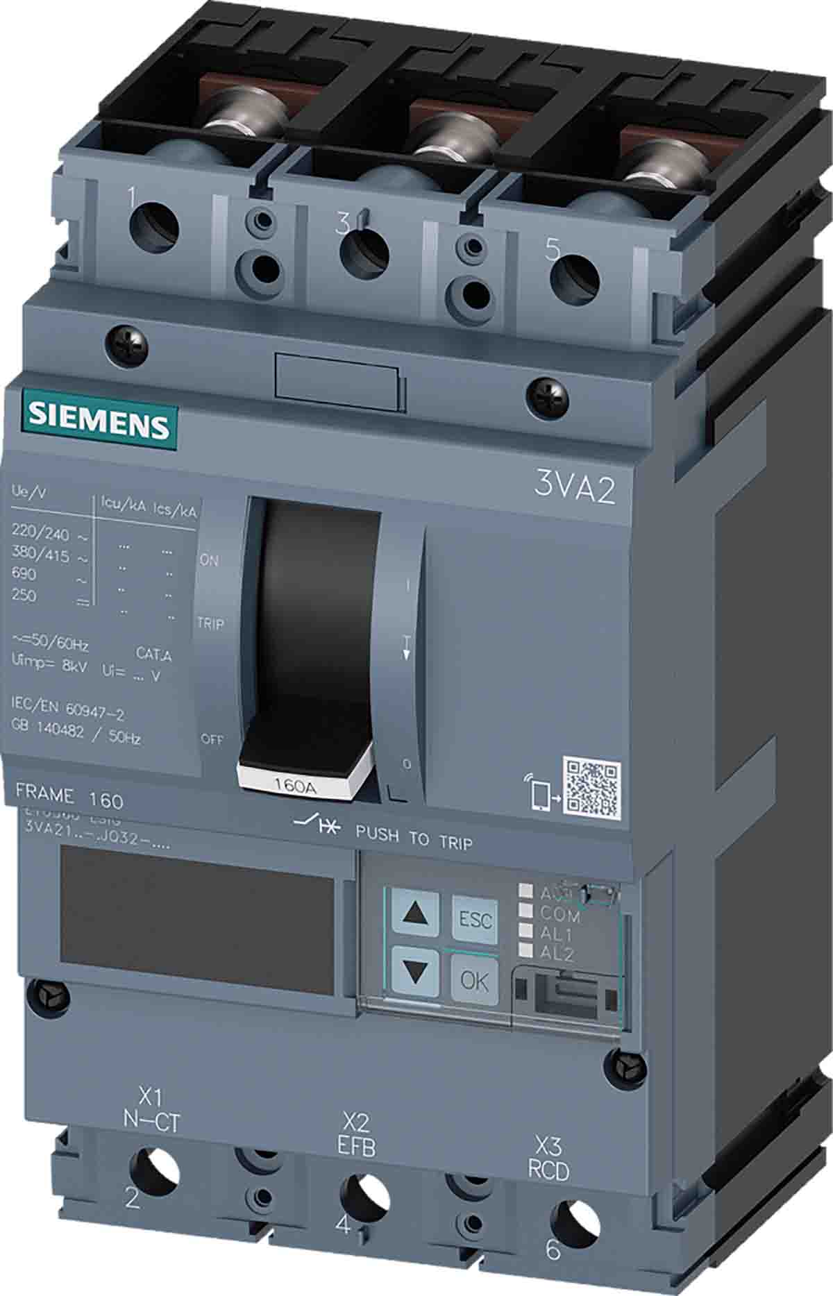 Siemens, SENTRON MCCB 3P 160A, Breaking Capacity 85 kA, Fixed Mount | 3VA2116-6JQ32-0AA0