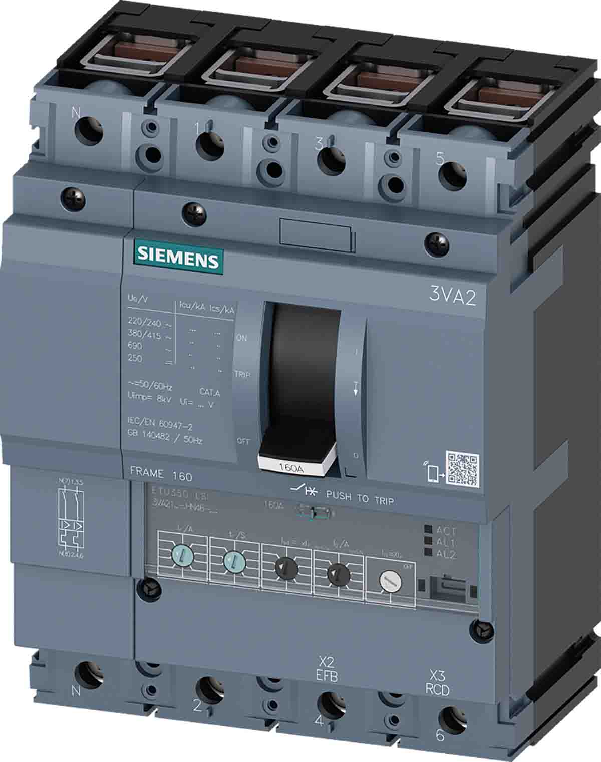 Siemens, SENTRON MCCB 4P 100A, Breaking Capacity 55 kA, Fixed Mount | 3VA2110-5HN46-0AA0