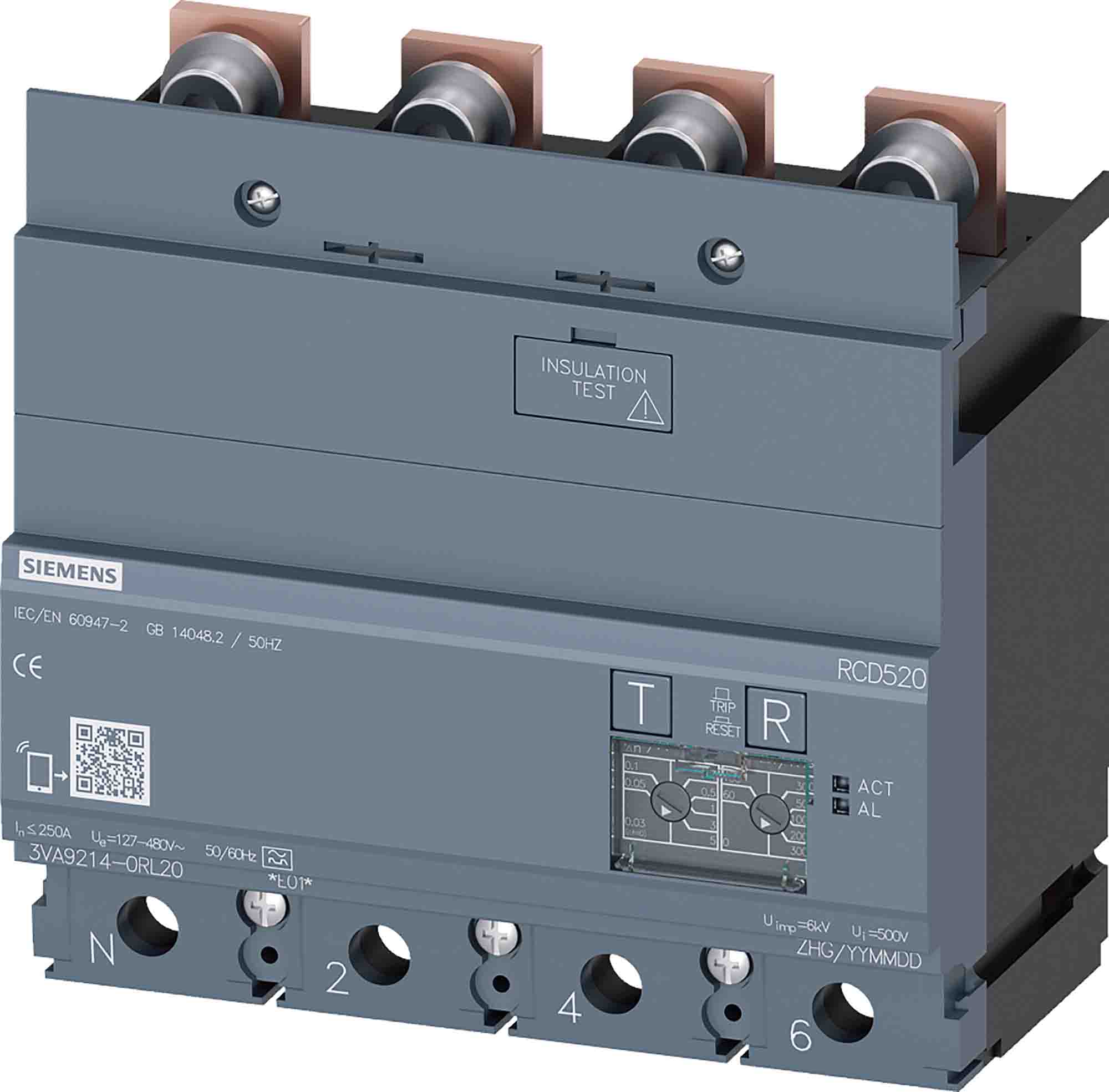 Siemens 3VA9 RCD, 250A, 4 Pole, Type A | 3VA9214-0RL20