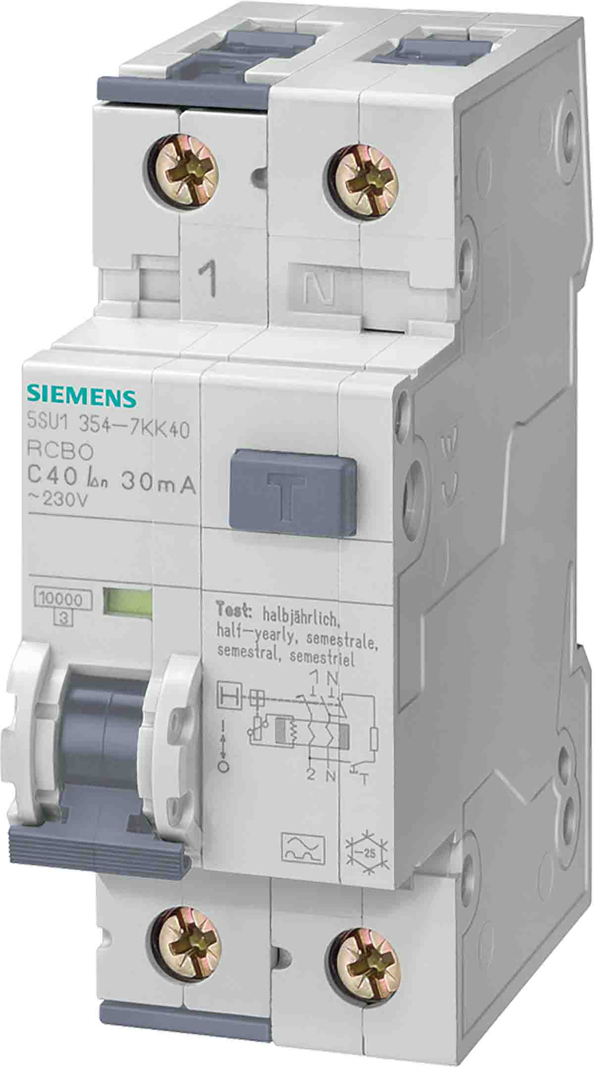 Siemens RCBO, 25A Current Rating, 2P Poles, 30mA Trip Sensitivity, SENTRON Range | 5SU1354-4KK25