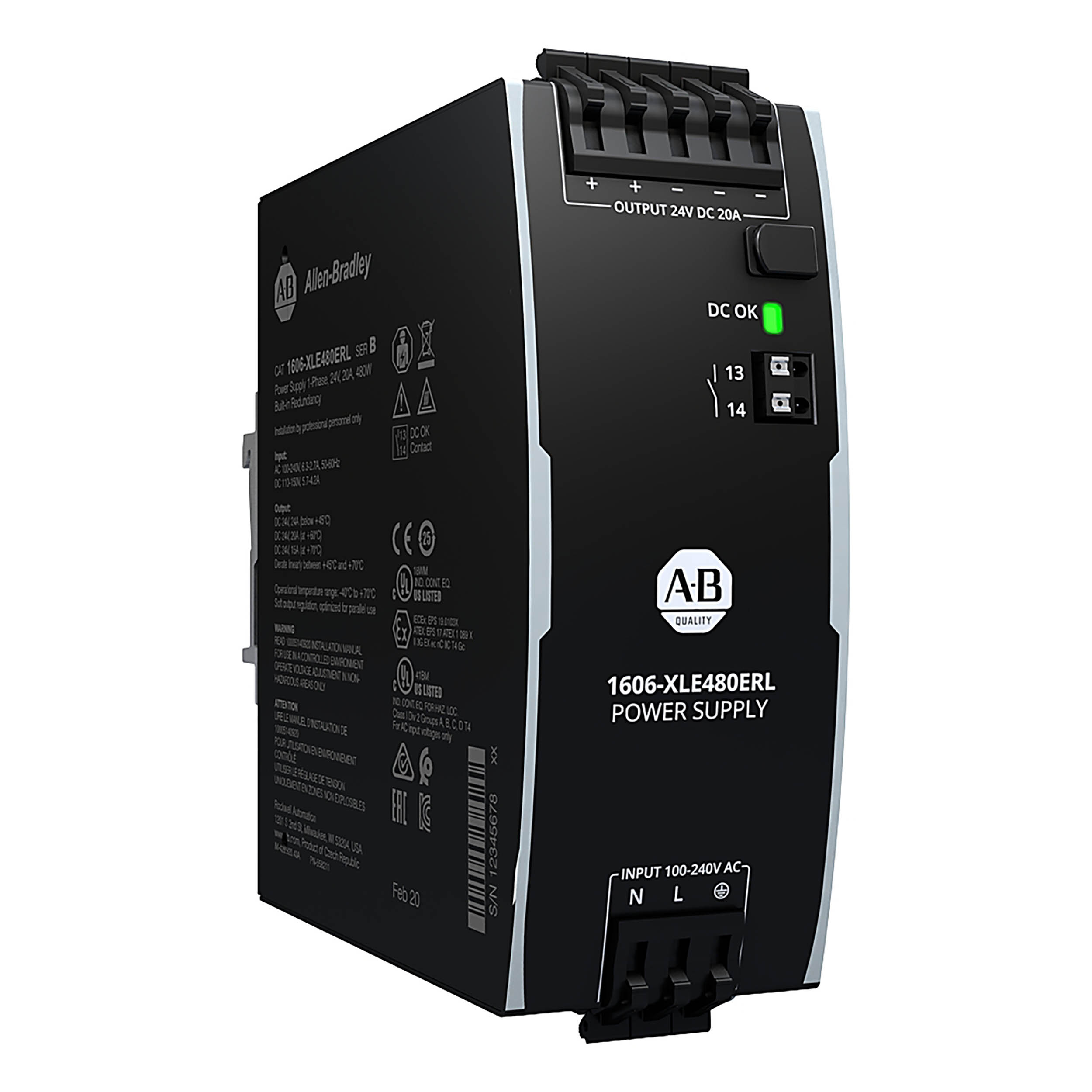 Allen Bradley 1606 Switched Mode DIN Rail Power Supply, 100 → 240 V ac, 110 → 150 V dc ac, dc Input, 24V | 1606-XLE480ERL