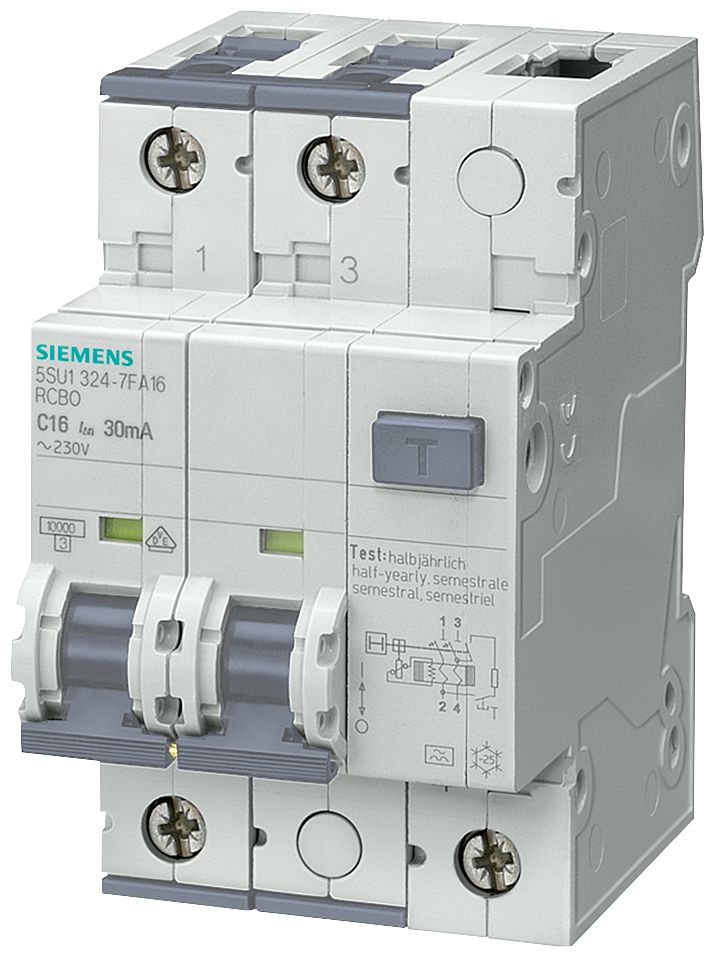 Siemens RCBO, 16A Current Rating, 2P Poles, 30mA Trip Sensitivity, Sentron Range | 5SU1324-6FA16