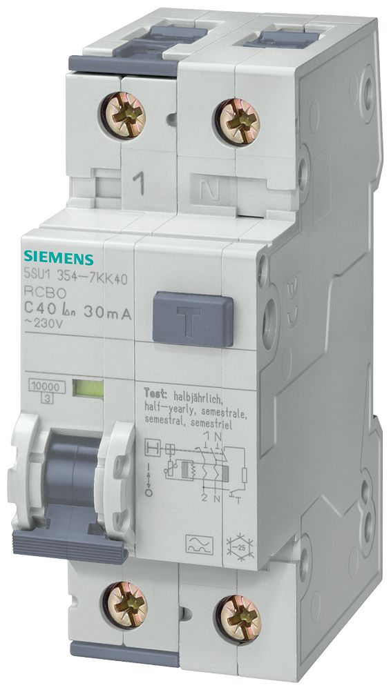 Siemens RCBO, 10A Current Rating, 2P Poles, 300mA Trip Sensitivity, Sentron Range | 5SU1654-7KK10