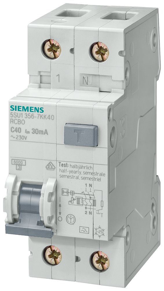 Siemens RCBO, 40A Current Rating, 2P Poles, 300mA Trip Sensitivity, Sentron Range | 5SU1656-6KK40
