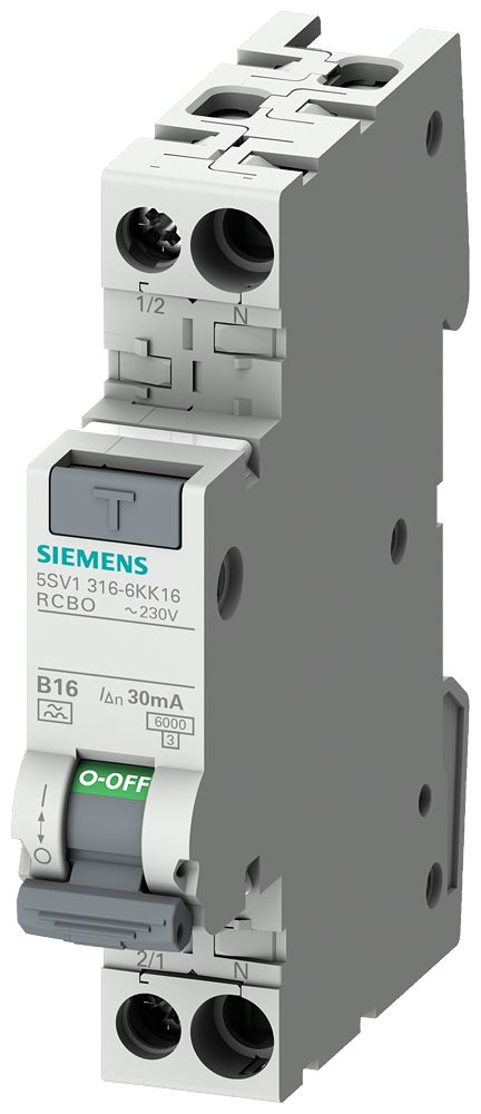 Siemens RCBO, 16A Current Rating, 2P Poles, 30mA Trip Sensitivity, Sentron Range | 5SV1316-7LK16