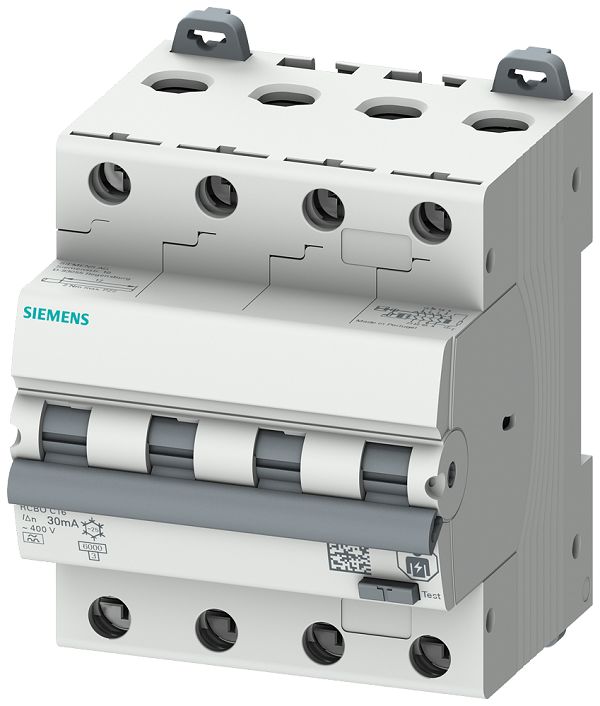 Siemens RCBO, 16A Current Rating, 4P Poles, 30mA Trip Sensitivity, Type C, Sentron Range | 5SU1346-7FP16
