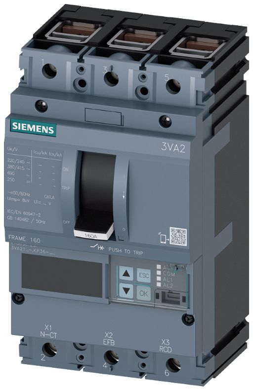 Siemens, SENTRON MCCB 3P 160A, Breaking Capacity 200 kA, Fixed Mount | 3VA2116-0KP36-0AA0