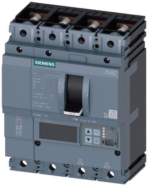 Siemens, SENTRON MCCB 4P 63A, Breaking Capacity 2.5 kA, Fixed Mount | 3VA2163-6KQ42-0AA0