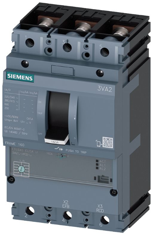 Siemens, SENTRON MCCB 3P 63A, Breaking Capacity 110 kA, Fixed Mount | 3VA2163-7HK32-0AA0