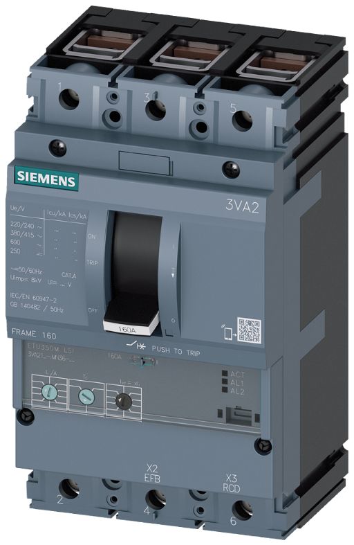 Siemens, SENTRON MCCB 3P 63A, Breaking Capacity 2.5 kA, Fixed Mount | 3VA2163-7MN36-0AA0