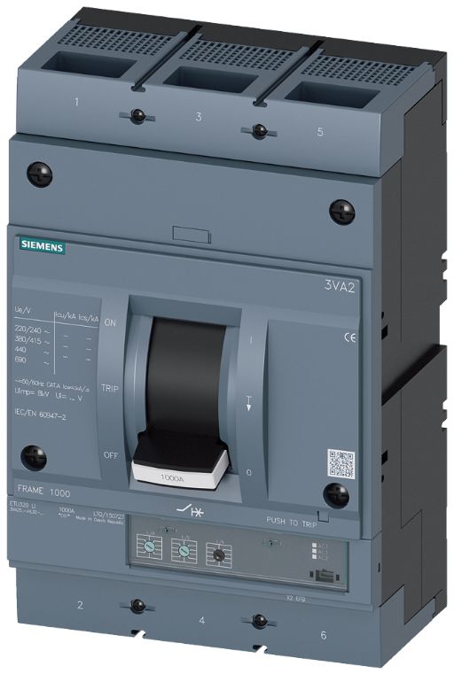Siemens, SENTRON MCCB 3P 1kA, Breaking Capacity 35 kA, Fixed Mount | 3VA2510-7HL32-0JB0