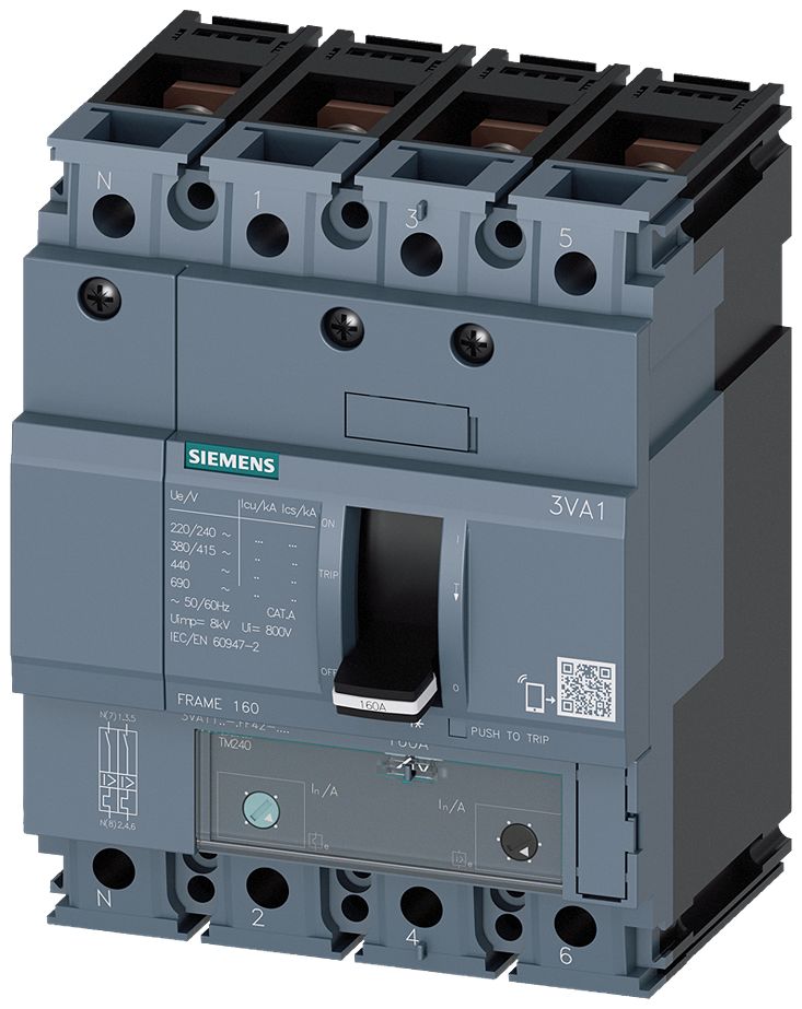 Siemens, SENTRON MCCB 4P 50A, Breaking Capacity 70 kA, Fixed Mount | 3VA1150-6GF42-0AA0