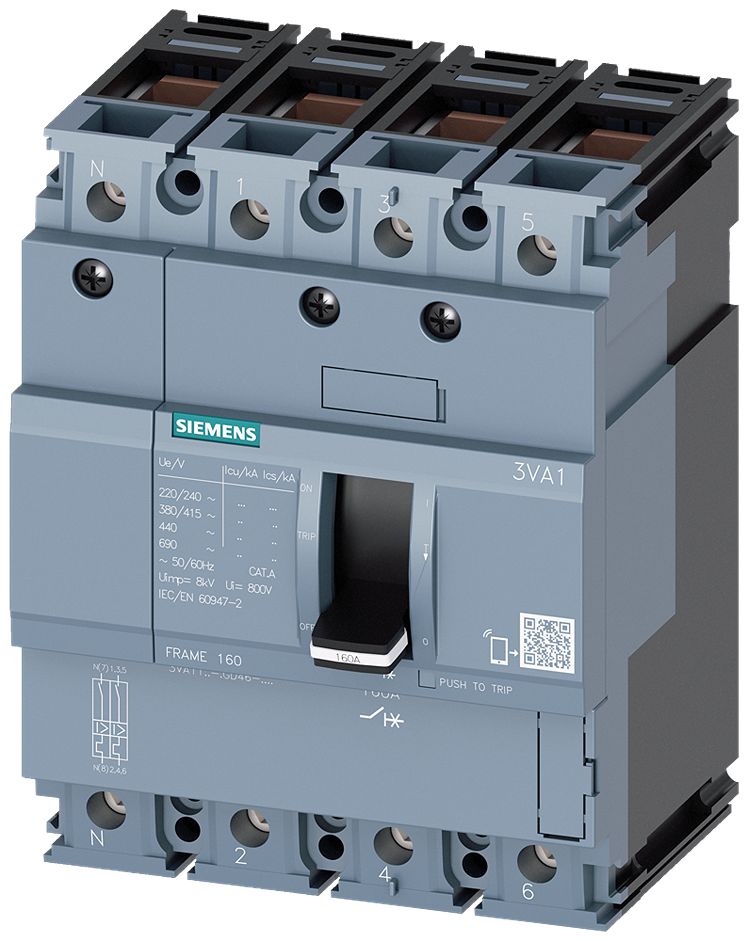 Siemens, SENTRON MCCB 4P 125A, Breaking Capacity 55 kA, Fixed Mount | 3VA1112-5GD46-0AA0